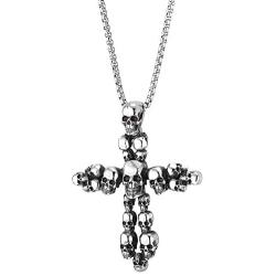 COOLSTEELANDBEYOND Stainless Steel Mens Gothic Vintage Skull Cluster Cross Pendant Necklace with 30 inches Wheat Chain