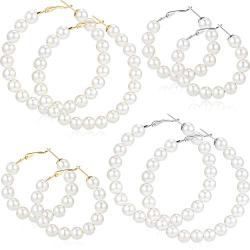 4 Pairs Faux Pearl Hoop Earrings Circle Dangle Drop Earrings Artificial Pearl Beaded Earrings (Pearl Hoop)