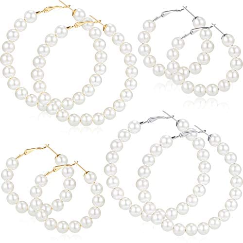 4 Pairs Faux Pearl Hoop Earrings Circle Dangle Drop Earrings Artificial Pearl Beaded Earrings (Pearl Hoop)