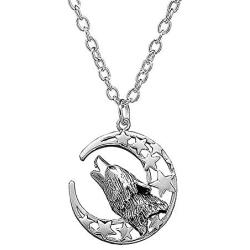 Vintage Howling Wolf Head Crescent Moon Pentagram Star Pendant Necklace Wicca Pagan Jewelry for Women Men