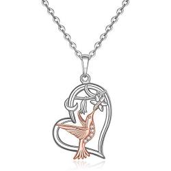 Hummingbird Heart Necklace Sterling Silver Necklaces for Women Girls Cubic Zirconia White Gold Plated Bird Pendant with Flower Fashion Jewelry Dainty Valentines Gifts