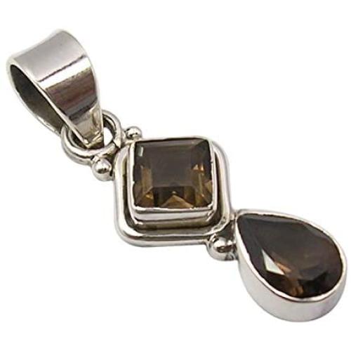 SilverStarJewel Solid Sterling Silver Natural 6 x 6, 6 x 9 mm Smoky Quartz Pendant 1.3''