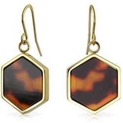 Hexagon Shaped Brown Tortoise Shell Dangle Drop Earrings For Women 14K Gold Plated Stainless Steel