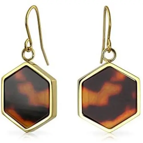 Hexagon Shaped Brown Tortoise Shell Dangle Drop Earrings For Women 14K Gold Plated Stainless Steel
