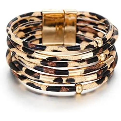 Fesciory Leather Wrap Bracelet for Women, Leopard Multi-Layer Magnetic Buckle Cuff Bracelet Jewelry Fesciory Leather Wrap Bracelet for Women, Leopard Multi-Layer Magnetic Buckle Cuff Bracelet Jewelry