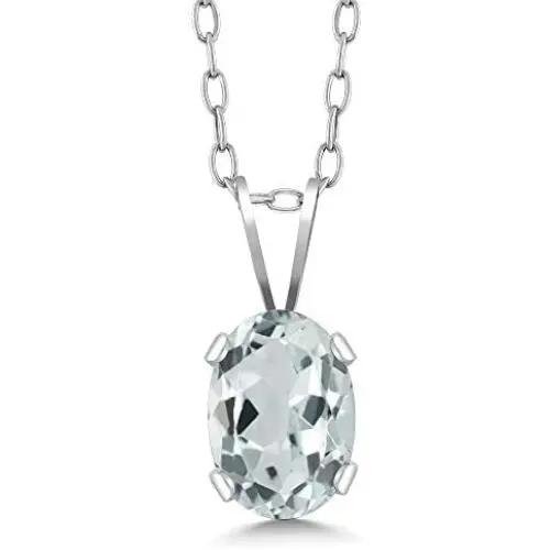 0.72 Ct Oval Shape Sky Blue Aquamarine Sterling Silver Pendant Necklace, 18''