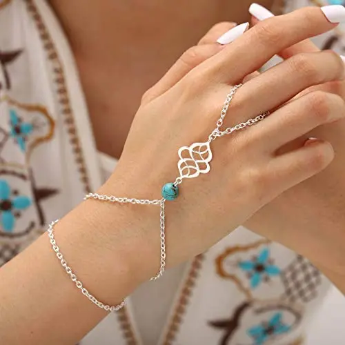 Yalice Boho Hand Chains Turquoise Finger Bracelet Ring Slave Hand Jewelry for Women and Girls (Silver) Yalice Boho Hand Chains Turquoise Finger Bracelet Ring Slave Hand Jewelry for Women and Girls (Silver)