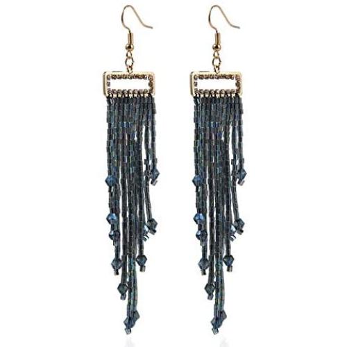 Mountainer Long Beaded Dangle Earrings – Boho Handmade Seed Bead Acrylic Tassel Earrings for Women Girls Bohemian Geometric Crystal Statement Beads Earrings