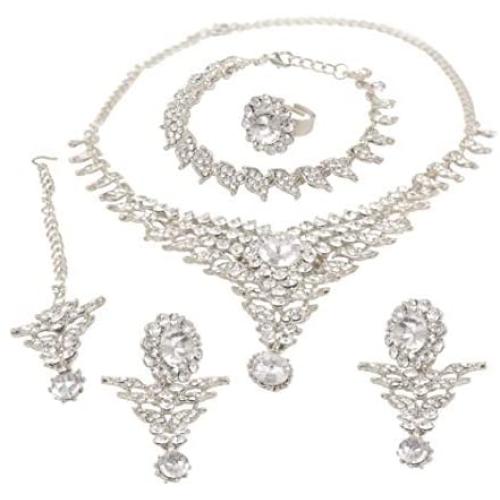 Touchstone Indian Bollywood Intricately Crafted Diamond Look Rhinestone Crystal Colorful Wedding Designer Jewelry Necklace Set in Gold and Silver Tone for Women.