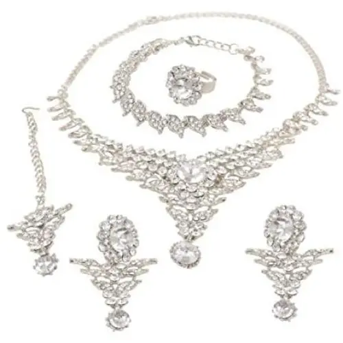 Touchstone Indian Bollywood Intricately Crafted Diamond Look Rhinestone Crystal Colorful Wedding Designer Jewelry Necklace Set in Gold and Silver Tone for Women.