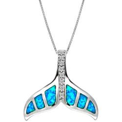 Honolulu Jewelry Company Sterling Silver Whale Tail CZ Accented Necklace Pendant with Simulated Blue Opal and 18'' Box Chain