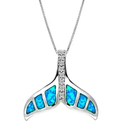 Honolulu Jewelry Company Sterling Silver Whale Tail CZ Accented Necklace Pendant with Simulated Blue Opal and 18'' Box Chain Honolulu Jewelry Company Sterling Silver Whale Tail CZ Accented Necklace Pendant with Simulated Blue Opal and 18'' Box Chain