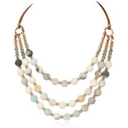 RIAH FASHION Bohemian Genuine Natural Stone Bead Strand Statement Necklace - Multi Layer Drape Chunky Bib Collar