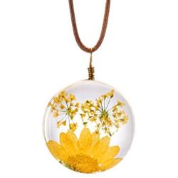 FM FM42 Queen Annes Lace Daisy Pressed Flowers Transparent Round Pendant Necklace (7 Colors)