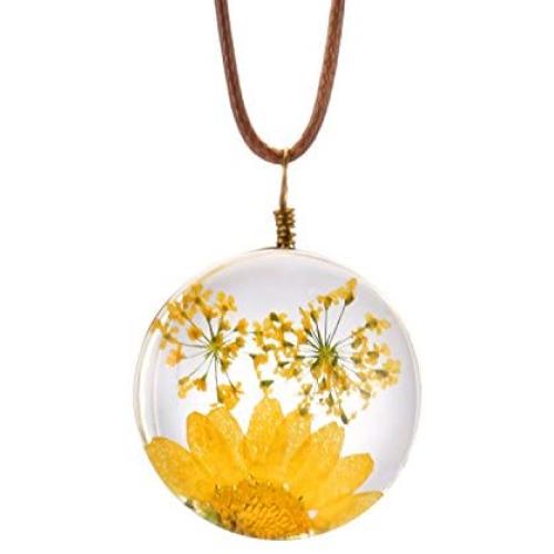FM FM42 Queen Annes Lace Daisy Pressed Flowers Transparent Round Pendant Necklace (7 Colors)