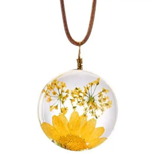 FM FM42 Queen Annes Lace Daisy Pressed Flowers Transparent Round Pendant Necklace (7 Colors) FM FM42 Queen Annes Lace Daisy Pressed Flowers Transparent Round Pendant Necklace (7 Colors)