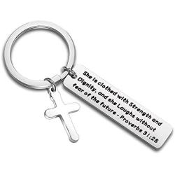 WUSUANED Bible Verse Jewelry She is Clothed with Strength and Dignity Cross Keychain Inspirational Jewelry Gift for Christian