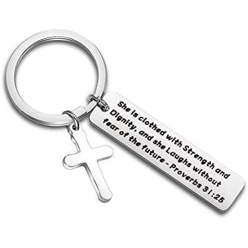 WUSUANED Bible Verse Jewelry She is Clothed with Strength and Dignity Cross Keychain Inspirational Jewelry Gift for Christian