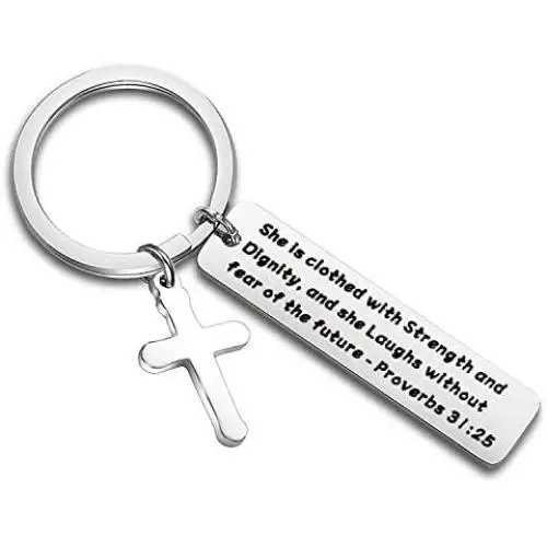 WUSUANED Bible Verse Jewelry She is Clothed with Strength and Dignity Cross Keychain Inspirational Jewelry Gift for Christian WUSUANED Bible Verse Jewelry She is Clothed with Strength and Dignity Cross Keychain Inspirational Jewelry Gift for Christian