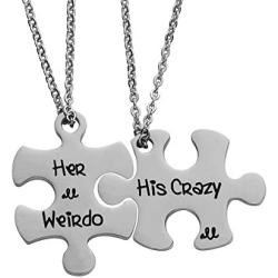 omodofo Valentines Day His and Hers Puzzle Piece Pendant Necklace KeyChain Set Personalized Couples Stamped Chain Keyring