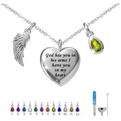 oGoodsunj S925 Sterling Silver Cremation Jewelry Heart Urn Necklace for Ashes Angel Wing Jewelry Memorial Pendant with 12 PCS Birthstones - God Has You in His Arms I Have You in My Heart