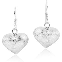 Adorable Puffy Hearts with Brushed Finish .925 Sterling Silver Dangle Earrings