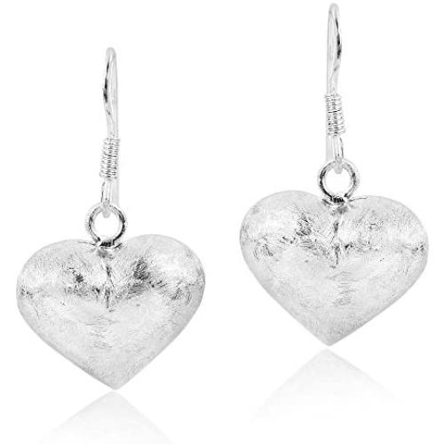 Adorable Puffy Hearts with Brushed Finish .925 Sterling Silver Dangle Earrings