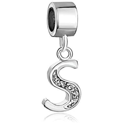 CharmSStory Alphabet Beads A-Z Letter Initial Spacer Dangle Clear Synthetic Crystal Silver P Charm For Snake Chain Bracelets