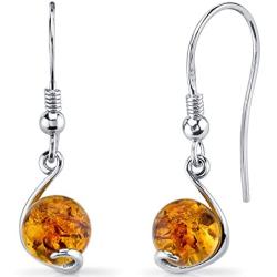 Baltic Amber Spherical Fishhook Earrings Sterling Silver Cognac Color