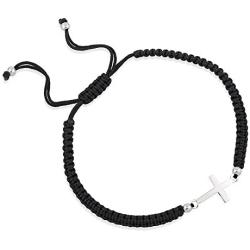 Chuvora 925 Sterling Silver Small Sideways Cross Black Polyester Adjustable Drawstring Wrap Bracelet, 6-9''