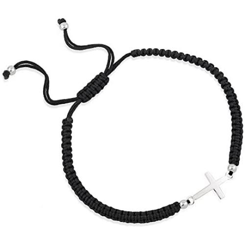 Chuvora 925 Sterling Silver Small Sideways Cross Black Polyester Adjustable Drawstring Wrap Bracelet, 6-9''