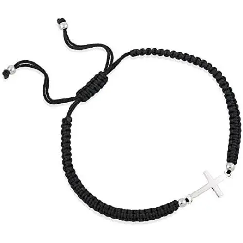 Chuvora 925 Sterling Silver Small Sideways Cross Black Polyester Adjustable Drawstring Wrap Bracelet, 6-9''