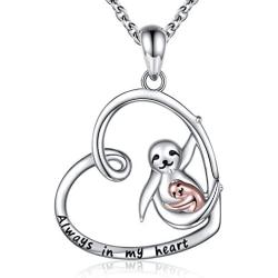 Sterling Silver Sloth Necklace - 925 Mother Daughter Animal Alway in My Heart Pendant Jewelry Gift for Girls Women