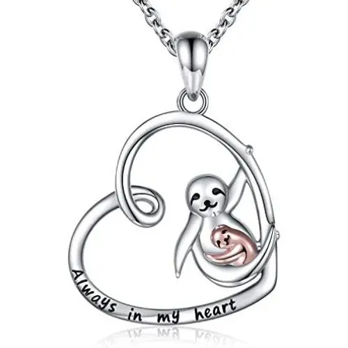 Sterling Silver Sloth Necklace - 925 Mother Daughter Animal Alway in My Heart Pendant Jewelry Gift for Girls Women