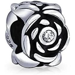 Pink Black Flower Rose Spacer Charm Bead For Women Wife Teen Girlfriend Oxidized .925 Sterling Silver For European Bracelet