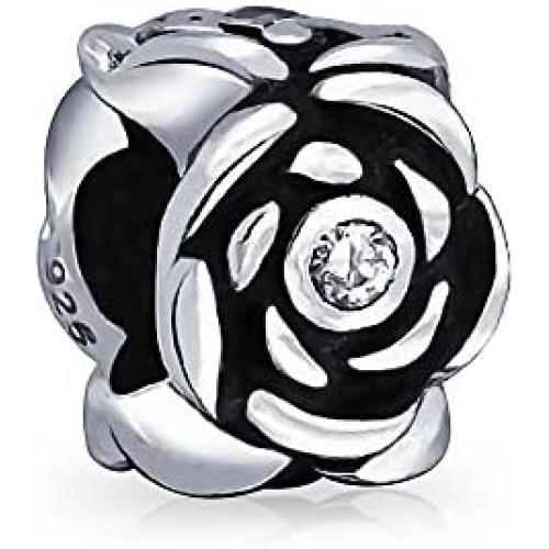 Pink Black Flower Rose Spacer Charm Bead For Women Wife Teen Girlfriend Oxidized .925 Sterling Silver For European Bracelet