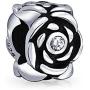 Pink Black Flower Rose Spacer Charm Bead For Women Wife Teen Girlfriend Oxidized .925 Sterling Silver For European Bracelet