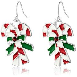 RareLove 2020 Statement Christmas Candy Cane Red Green Piercing Dangle Earrings Red CZ Rhinestone Silver Plated Alloy Holiday Jewelry for Women Girls