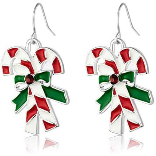 RareLove 2020 Statement Christmas Candy Cane Red Green Piercing Dangle Earrings Red CZ Rhinestone Silver Plated Alloy Holiday Jewelry for Women Girls