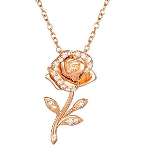 Disney Beauty and the Beast Pink Gold Over Sterling Silver Enchanted Rose Cubic Zirconia Necklace 18''