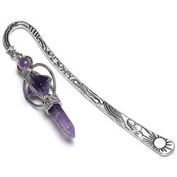 MANIFO Vintage Silver Bookmark with Healing Crystal Gemstone Pendant Charm (Amethyst)