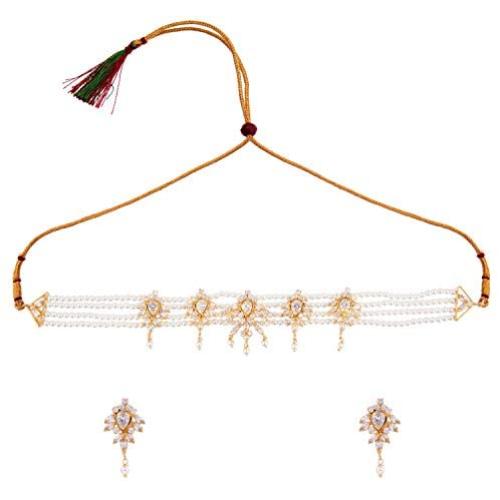 Efulgenz Indian Bollywood 14 K Gold Plated Cubic Zirconia Faux Ruby Emerald Pearl Choker Necklace Earring Bridal Jewelry Set