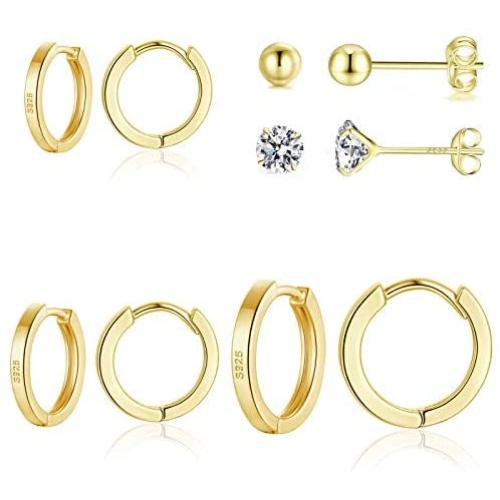 GULICX 3 Pairs Sterling Silver Small Hoop Stud Earrings Cubic Zirconia Cuff Earrings, Tiny Cartilage Huggie Hoop Sleeper Earrings Ball Earrings Piercing Jewellery for Women Girls