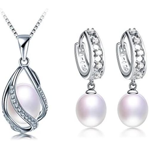 Deluxe Jewelry Set for Women by Diamovi – 100% Natural Freshwater Pearl Necklace & Earrings – 925 Sterling Silver W/Unique Design – 45 cm Chain W/ 8-9 MM Pearl–Available in White