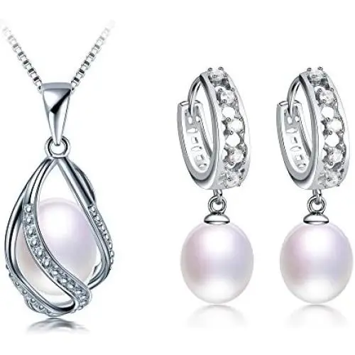 Deluxe Jewelry Set for Women by Diamovi – 100% Natural Freshwater Pearl Necklace & Earrings – 925 Sterling Silver W/Unique Design – 45 cm Chain W/ 8-9 MM Pearl–Available in White