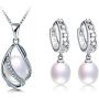 Deluxe Jewelry Set for Women by Diamovi – 100% Natural Freshwater Pearl Necklace & Earrings – 925 Sterling Silver W/Unique Design – 45 cm Chain W/ 8-9 MM Pearl–Available in White