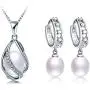 Deluxe Jewelry Set for Women by Diamovi – 100% Natural Freshwater Pearl Necklace & Earrings – 925 Sterling Silver W/Unique Design – 45 cm Chain W/ 8-9 MM Pearl–Available in White