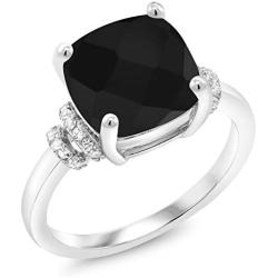 Gem Stone King 925 Sterling Silver Black Onyx Womens Ring (3.89 Cttw Cushion Checkerboard Cut, Gemstone Birthstone, Available in size 5, 6, 7, 8, 9)