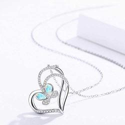 925 Sterling Silver with White Opal Butterfly Necklace, Double Heart with Cubic Zircon Butterfly Jewelry Mother Day Gift for Women Girlfriend Daughter with Gift Box