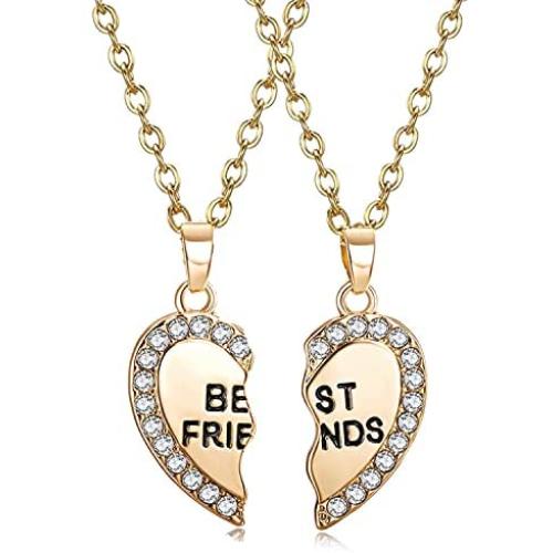 ODETOJOY Best Friends Necklace for 2 BFF Broken Heart Necklace Rhinestone Bestfriends Engraved Letters Pendant